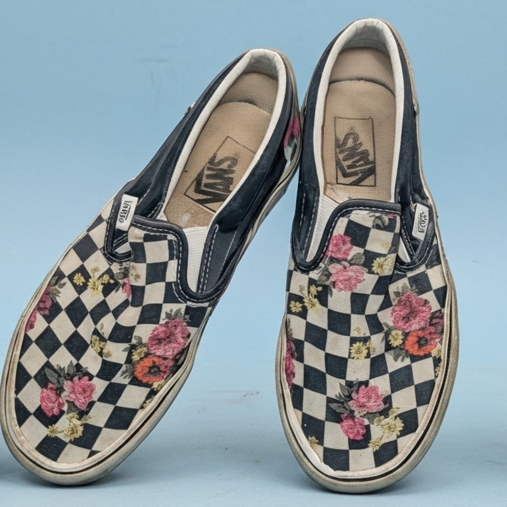 Vans Black and White Floral Checkered Slip-Ons